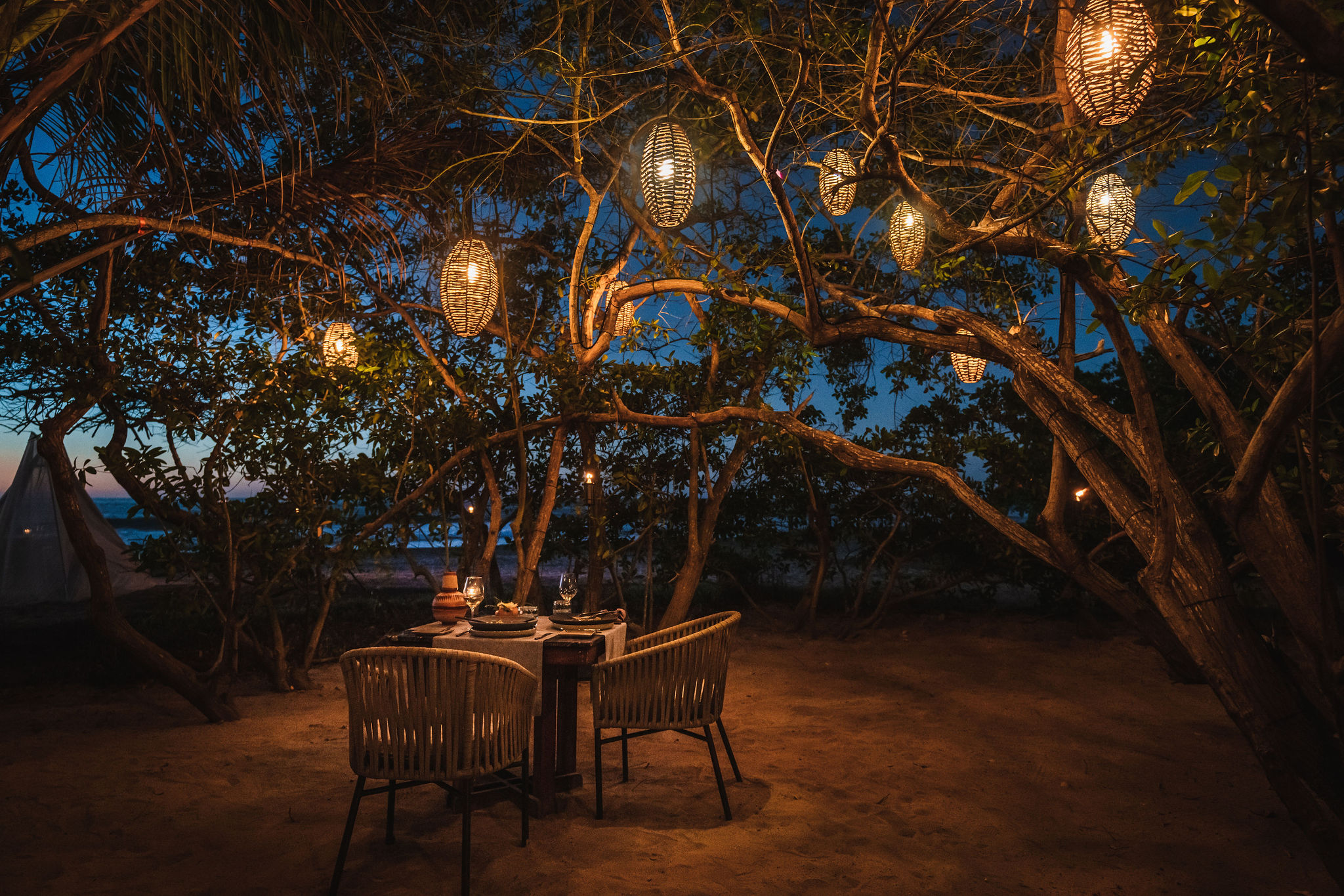 outdoor table and chair with tree lighting